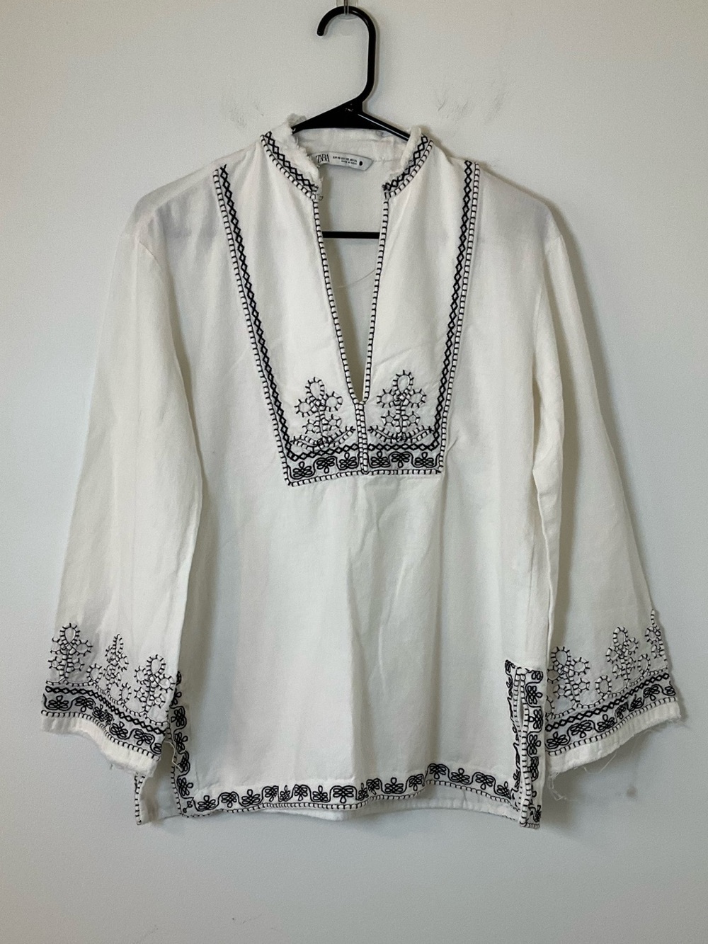 Zara Embroidered Boho Tunic Top White Black Trim XS